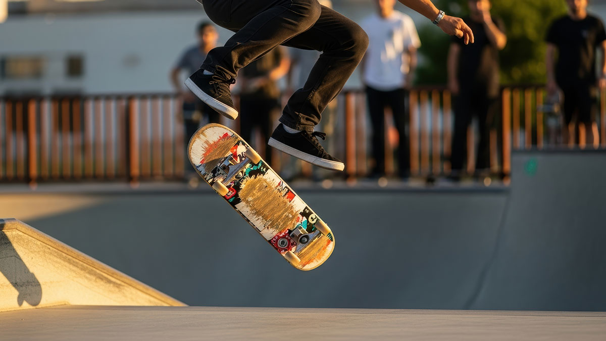 Close-up of skateboard foot position for frontside 180 setup