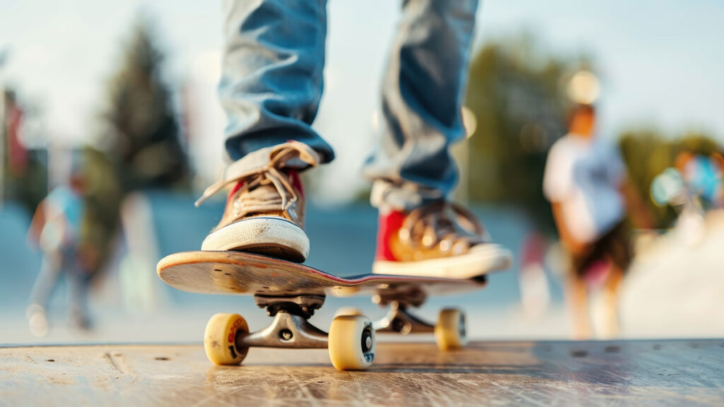 Side view of skateboarder body alignment during frontside 180 rotation